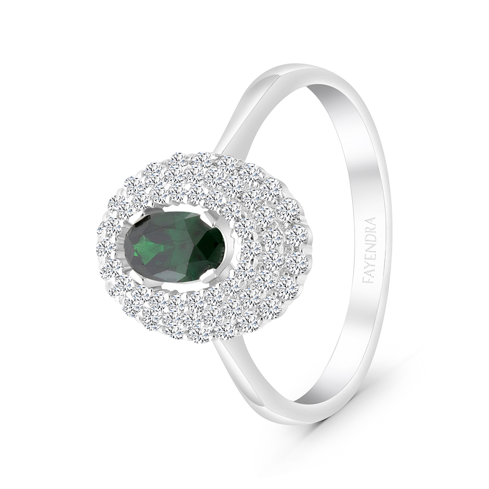 Sterling Silver 925 Ring Rhodium Plated Embedded With Emerald And White CZ