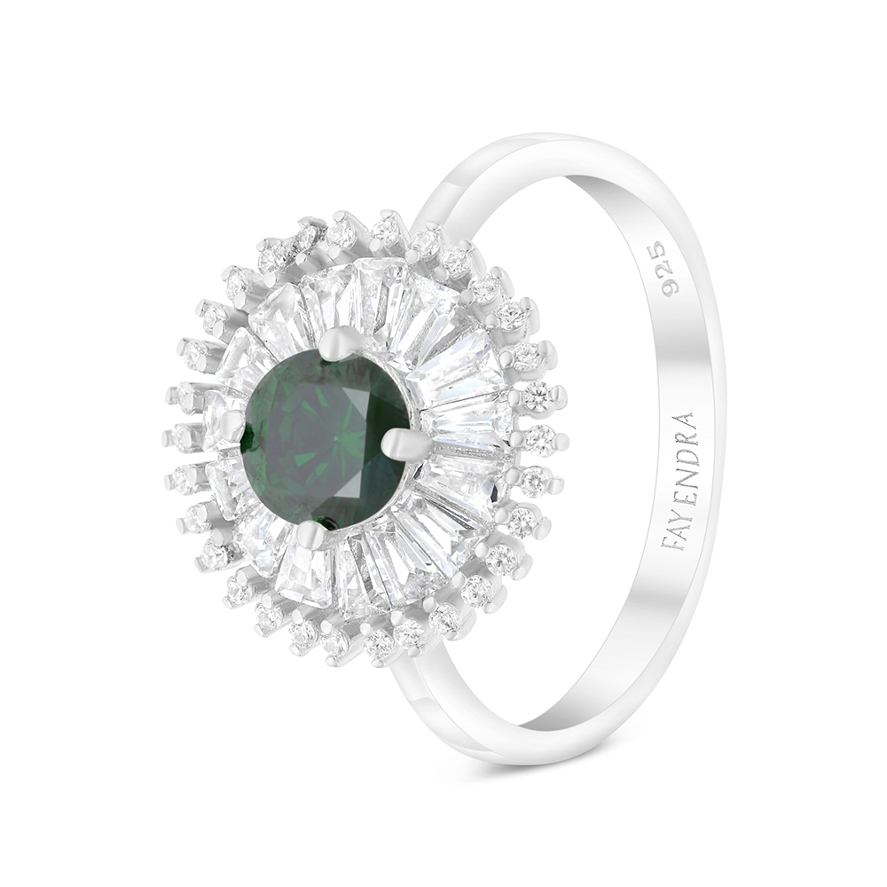 Sterling Silver 925 Ring Rhodium Plated Embedded With Emerald