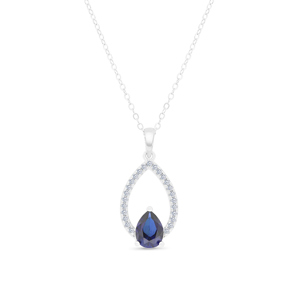 Sterling Silver 925 Necklace Rhodium Plated Embedded With Sapphire CorundumAnd White CZ