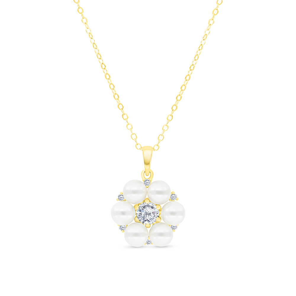 Sterling Silver 925 Necklace Gold Plated Embedded With White Shell Pearl And White CZ