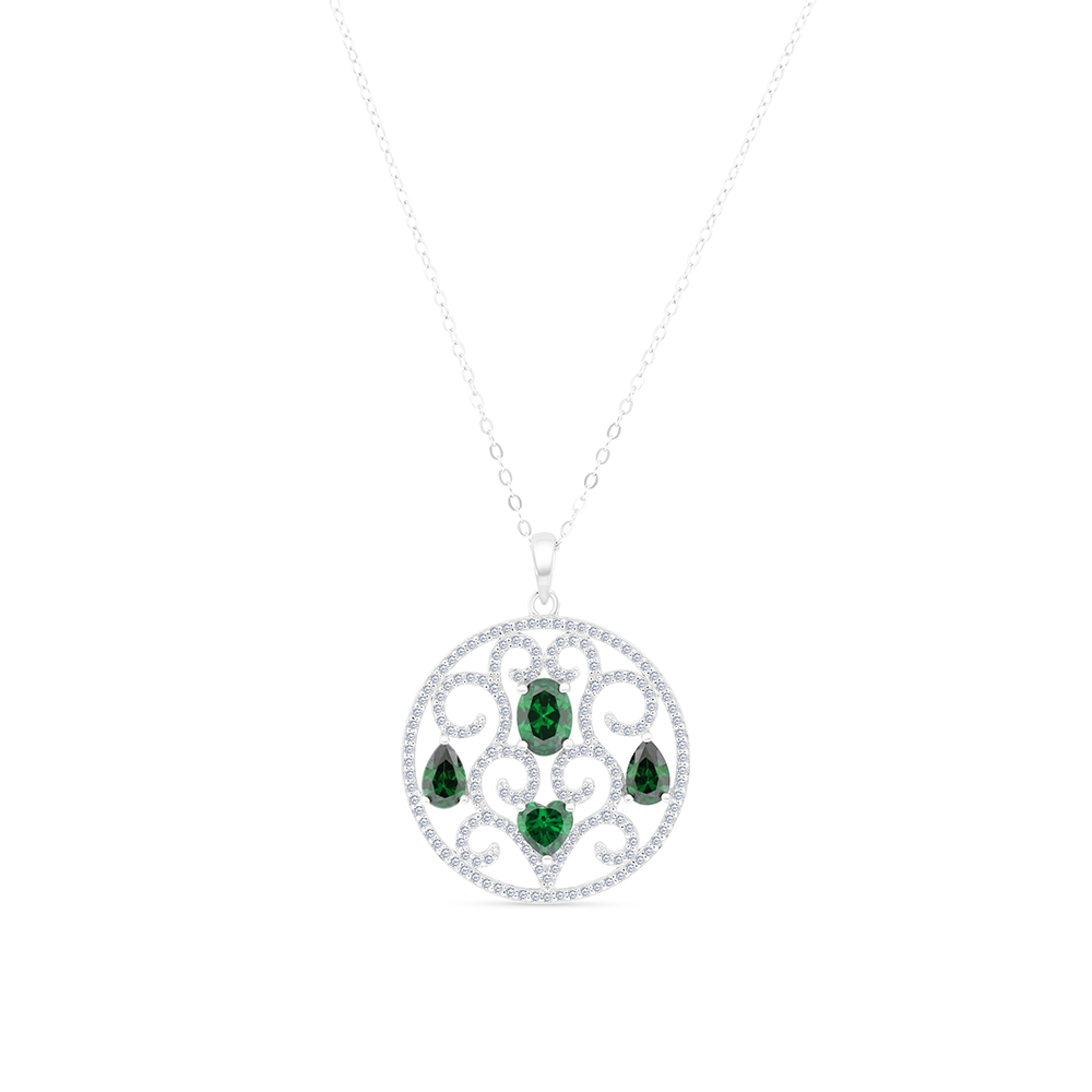 Sterling Silver 925 Necklace Rhodium Plated Embedded With Emerald And White CZ