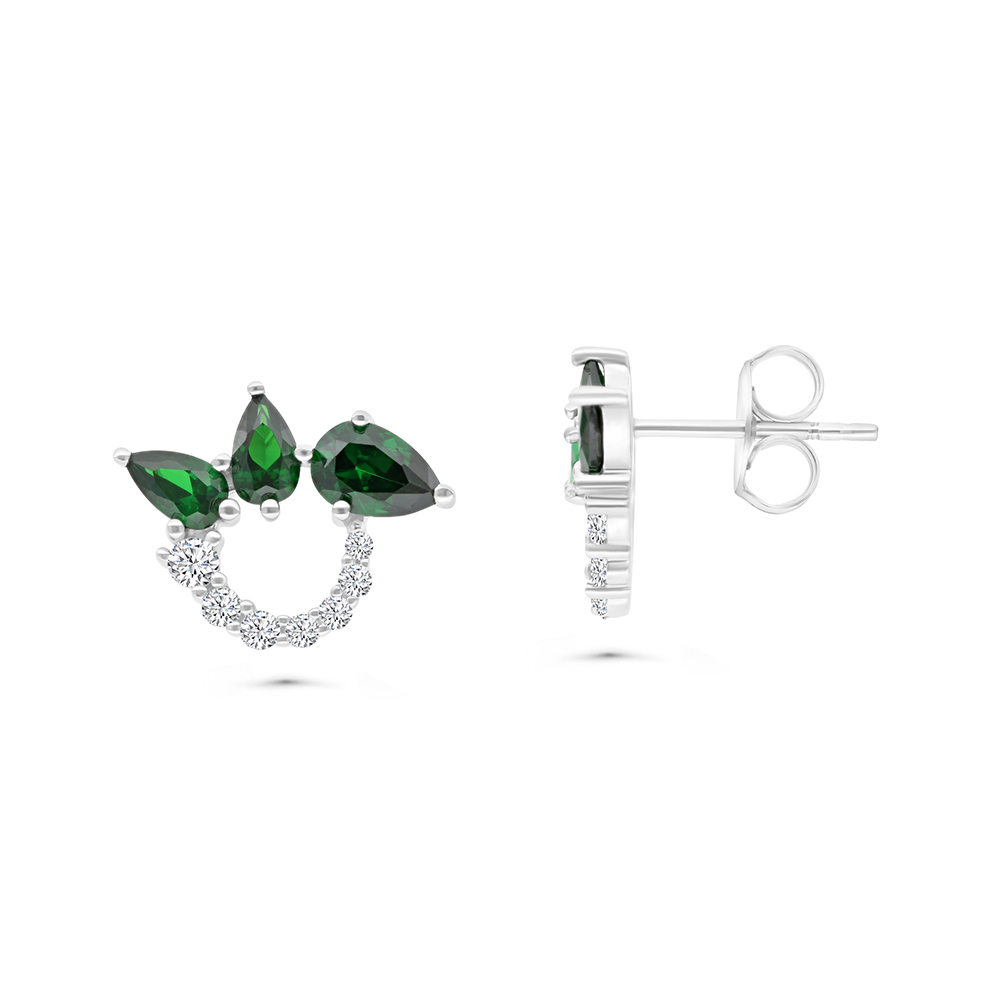 Sterling Silver 925 Earring Rhodium Plated Embedded With Emerald And White CZ