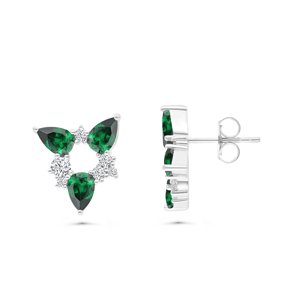 Sterling Silver 925 Earring Rhodium Plated Embedded With Emerald And White CZ