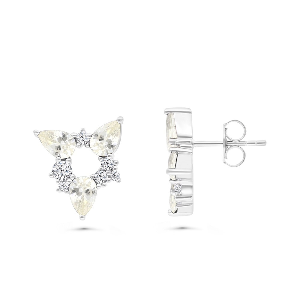 Sterling Silver 925 Earring Rhodium Plated Embedded With Yellow Zircon And White CZ