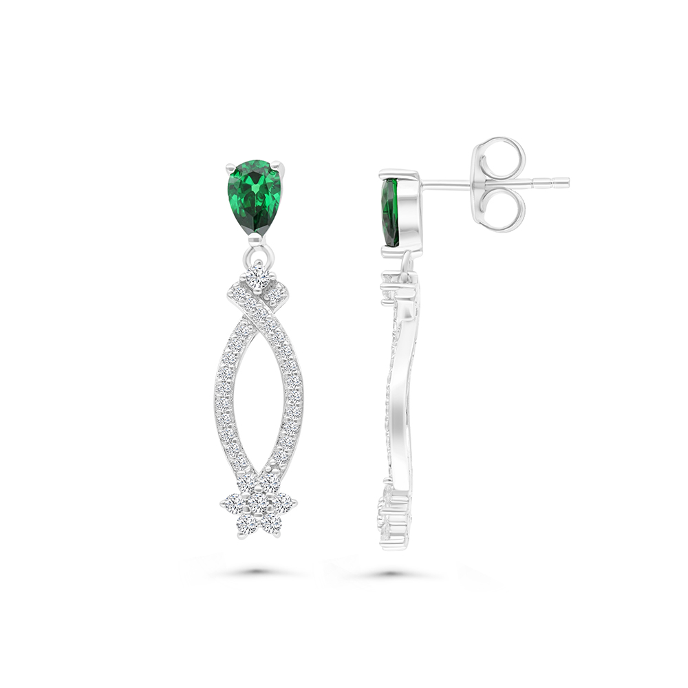 Sterling Silver 925 Earring Rhodium Plated Embedded With Emerald And White CZ