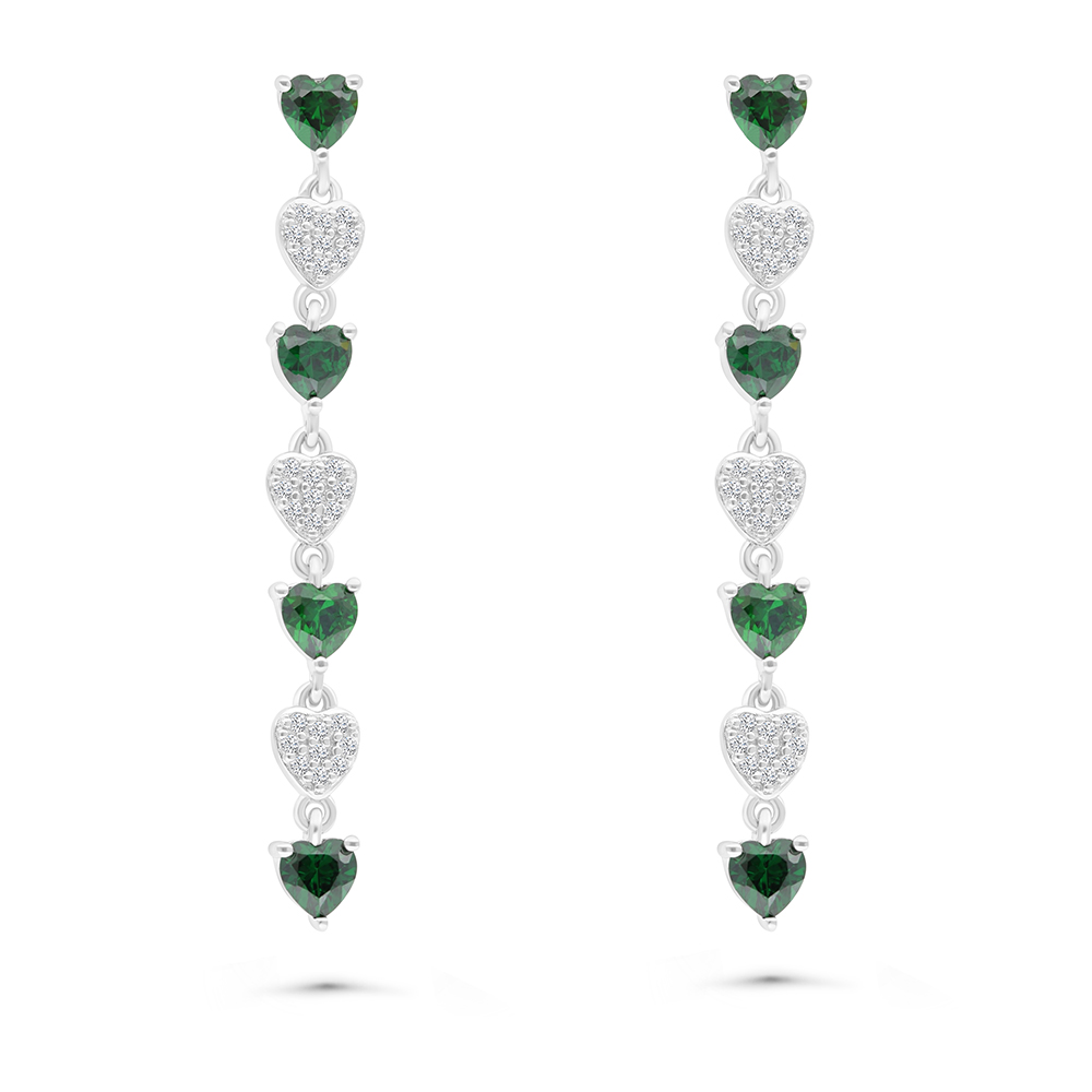 Sterling Silver 925 Earring Rhodium Plated Embedded With Emerald And White CZ