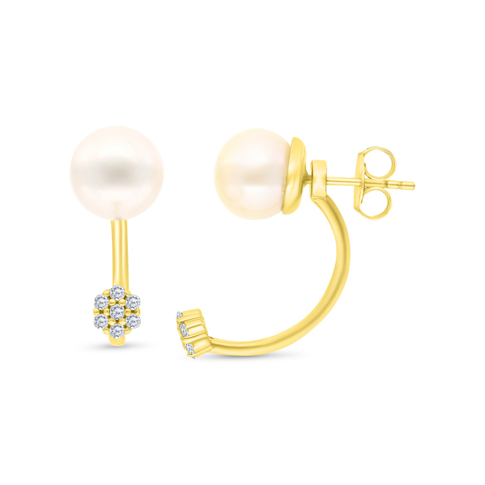 Sterling Silver 925 Earring Gold Plated Embedded With White Shell Pearl And White CZ