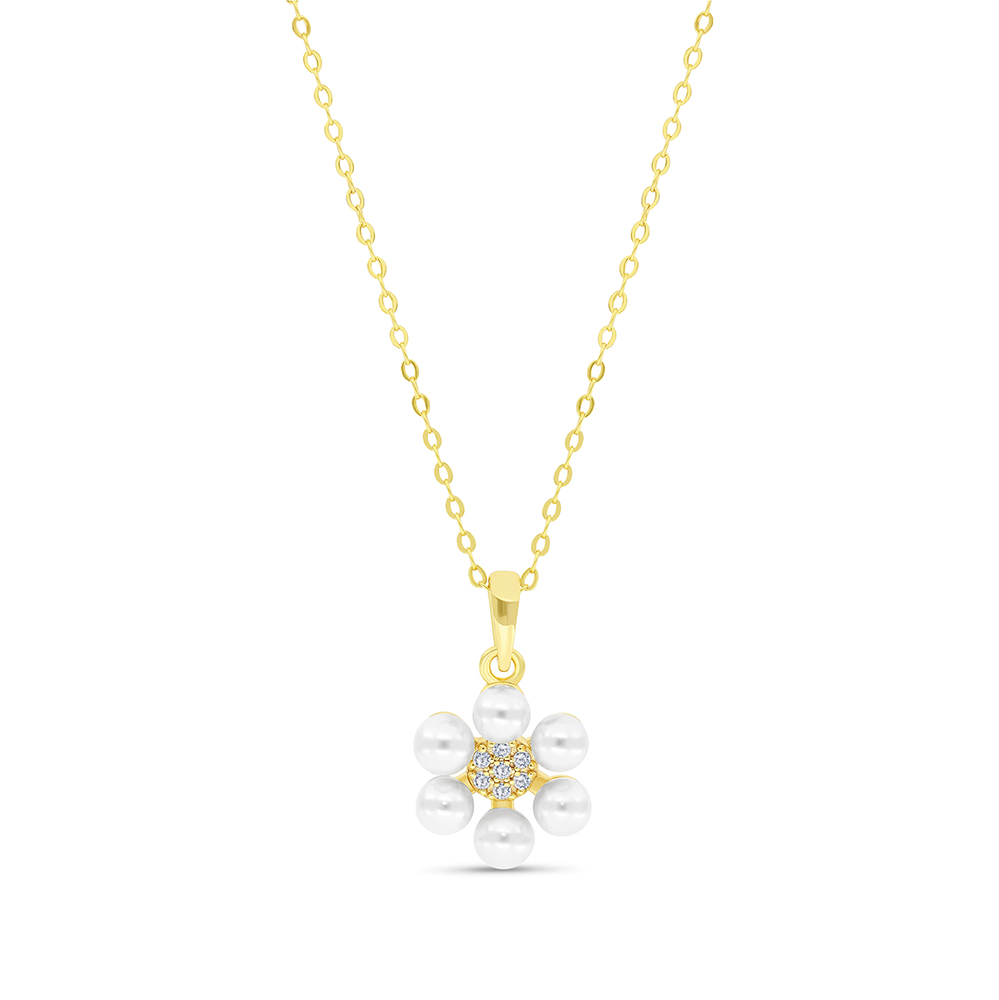 Sterling Silver 925 Necklace Gold Plated Embedded With White Shell Pearl And White CZ