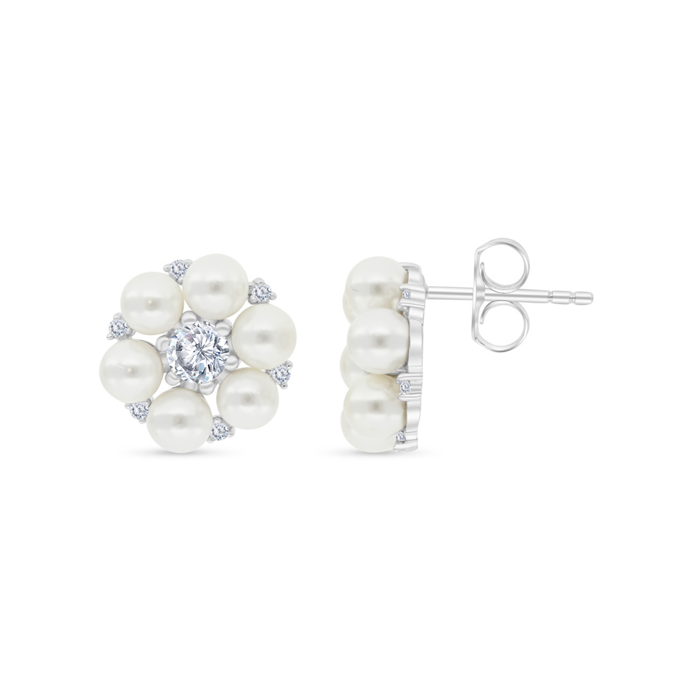 Sterling Silver 925 Earring Rhodium Plated shell White Pearl And White CZ