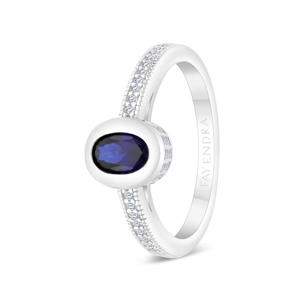 Sterling Silver 925 Ring Rhodium Plated Embedded With Sapphire CorundumAnd White CZ