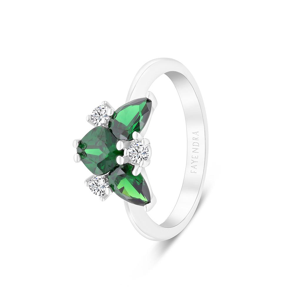 Sterling Silver 925 Ring Rhodium Plated Embedded With Emerald Zircon And White CZ