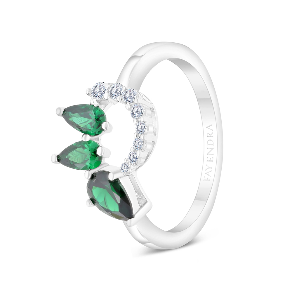 Sterling Silver 925 Ring Rhodium Plated Embedded With Emerald And White CZ