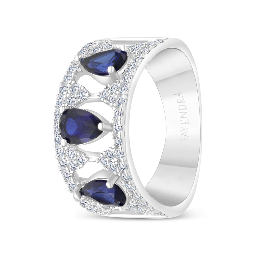 Sterling Silver 925 Ring Rhodium Plated Embedded With Sapphire CorundumAnd White CZ