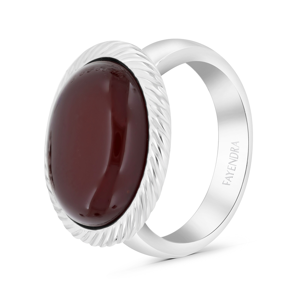 Sterling Silver 925 Ring Rhodium Plated Embedded With Red Natural Aqiq For Men 