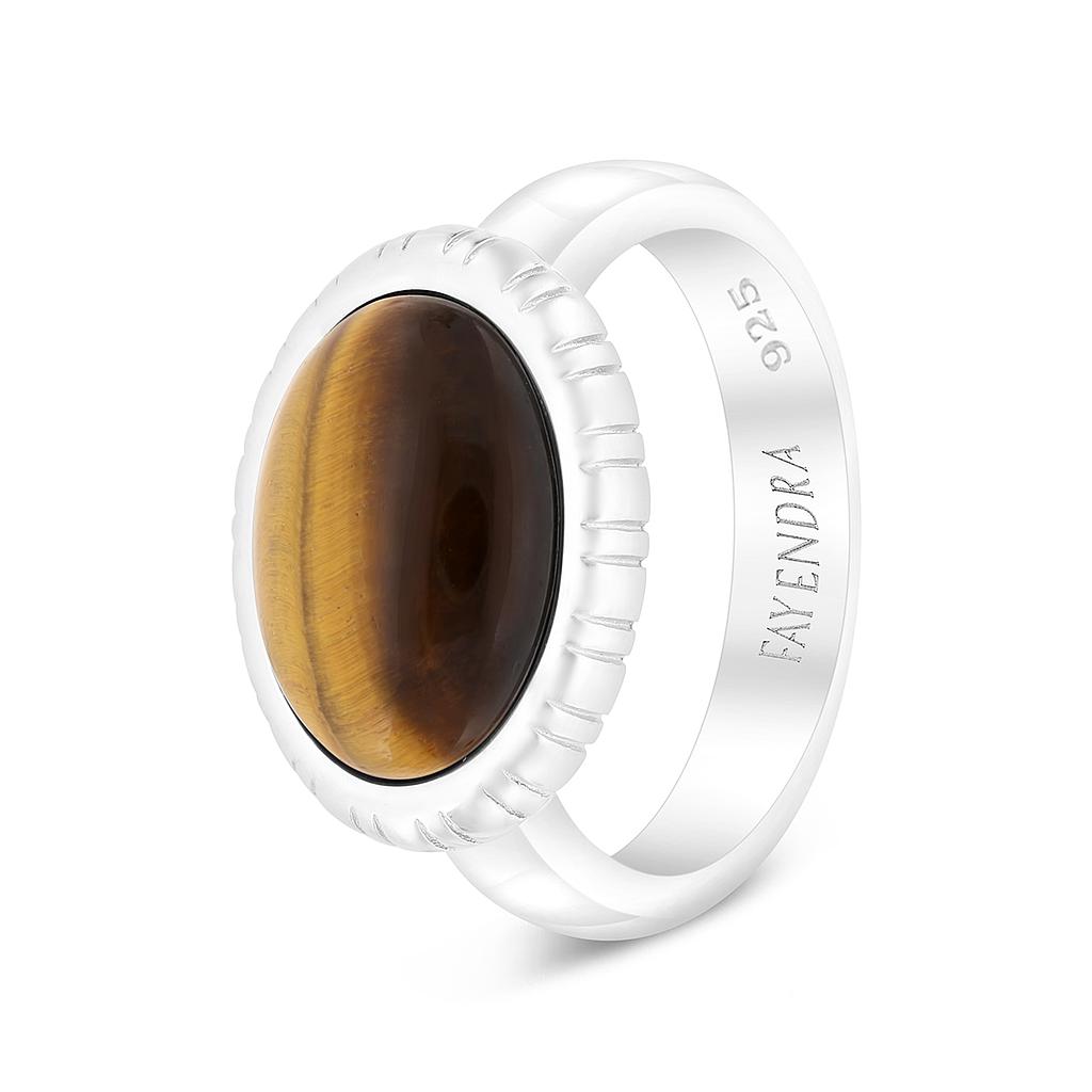 Sterling Silver 925 Ring Rhodium Plated Yellow Tiger Eye For Men