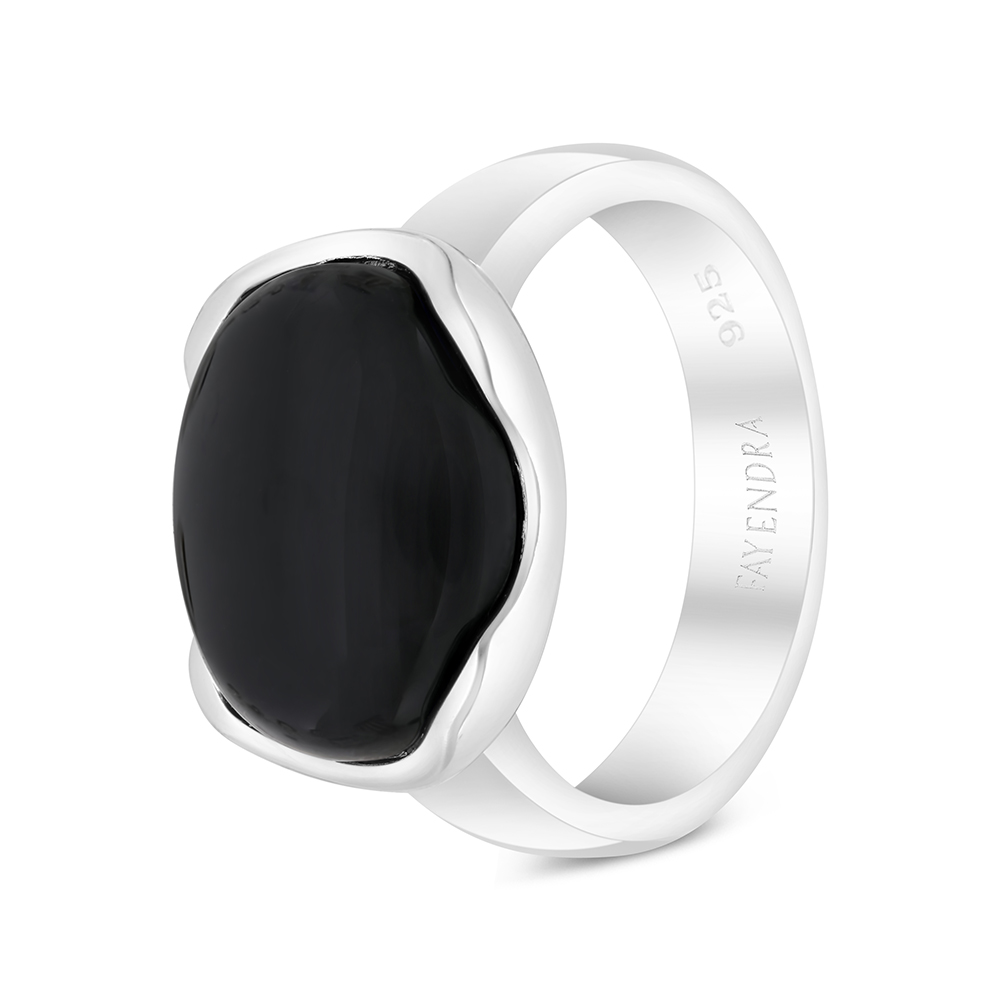 Sterling Silver 925 Ring Rhodium Plated Embedded With Black Agate For Men