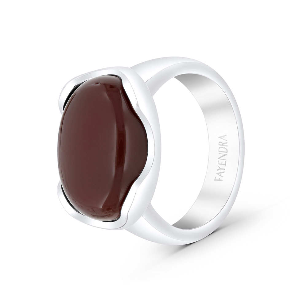 Sterling Silver 925 Ring Rhodium Plated Embedded With Red Natural Aqiq For Men 