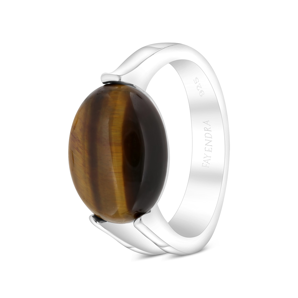 Sterling Silver 925 Ring Rhodium Plated Embedded With Yellow Tiger Eye For Men 