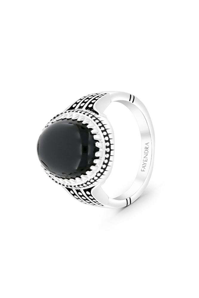 Sterling Silver 925 Ring Rhodium Plated Embedded With Black Agate For Men