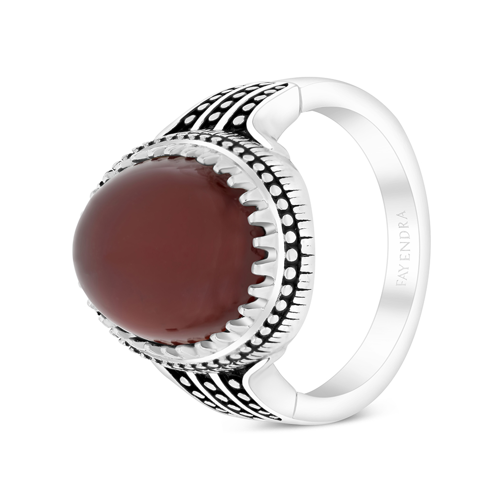 Sterling Silver 925 Ring Rhodium Plated Embedded With Red Natural Aqiq For Men 