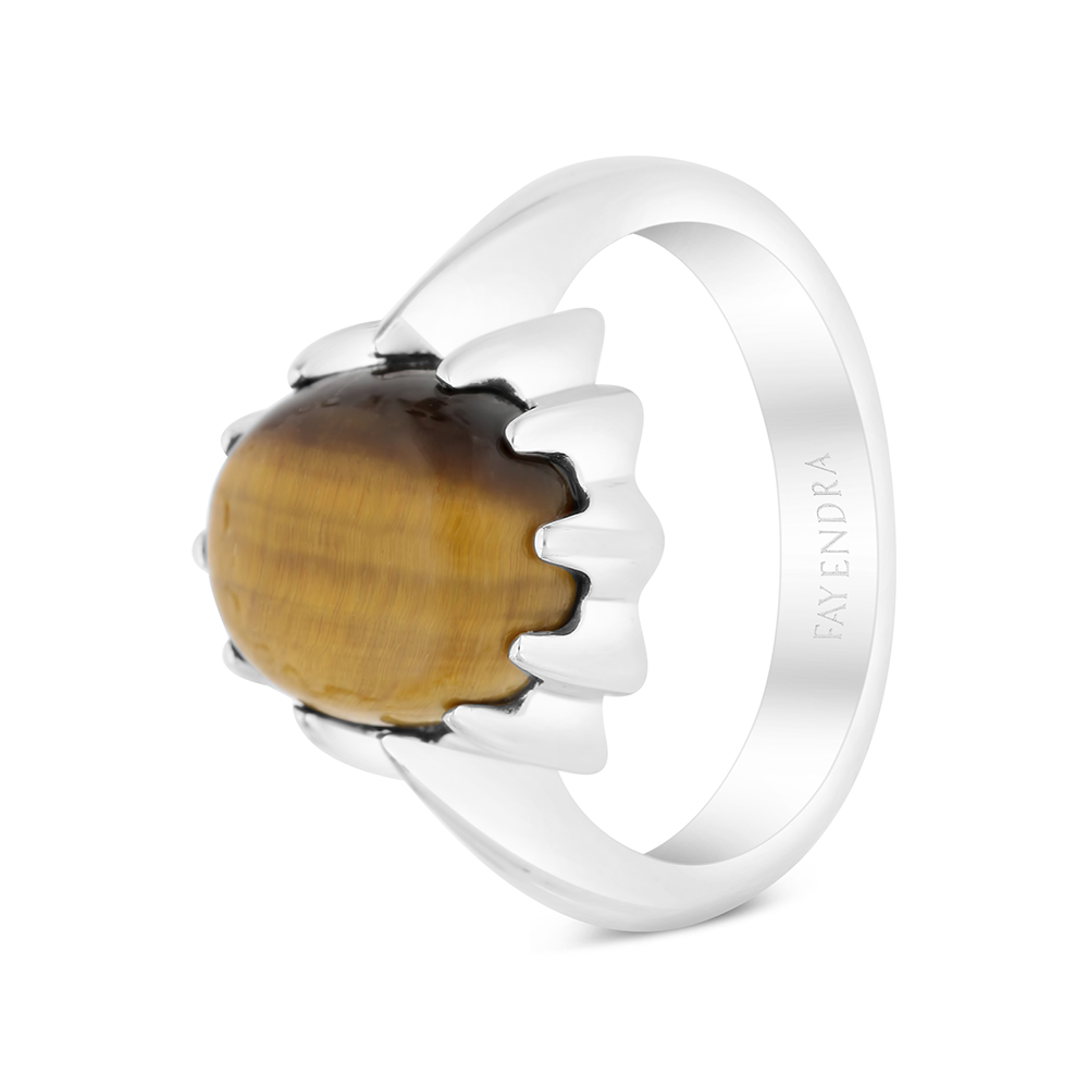 Sterling Silver 925 Ring Rhodium Plated Embedded With Yellow Tiger Eye For Men 