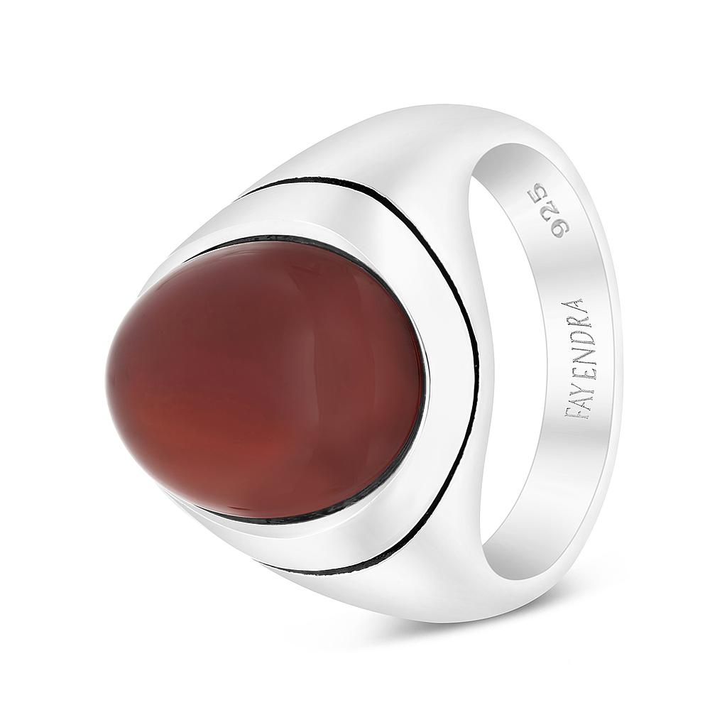 Sterling Silver 925 Ring Rhodium Plated Red Natural Aqiq For Men