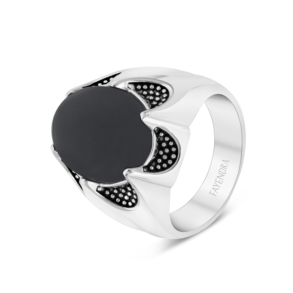 Sterling Silver 925 Ring Rhodium Plated Embedded With Black Agate For Men