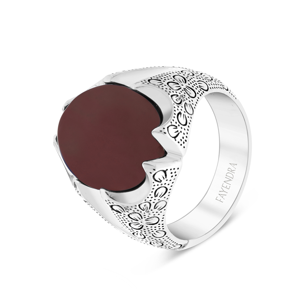 Sterling Silver 925 Ring Rhodium Plated Embedded With Red Natural Aqiq For Men 