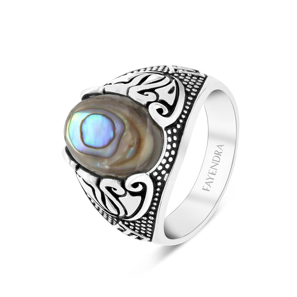 Sterling Silver 925 Ring Rhodium Plated Embedded With Blue shell For Men