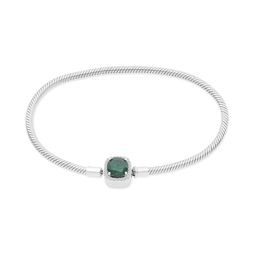 Sterling Silver 925 Bracelet Rhodium Plated Embedded With Emerald Zircon And White CZ - 18 CM