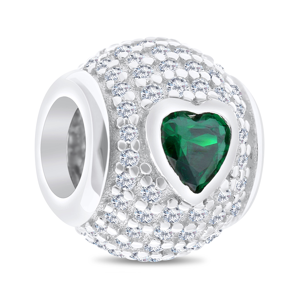 Sterling Silver 925 CHARM Rhodium Plated Embedded With Emerald Zircon And White CZ