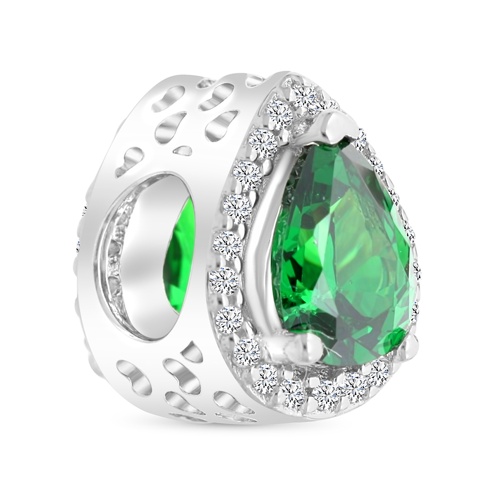 Sterling Silver 925 CHARM Rhodium Plated Embedded With Emerald And White CZ