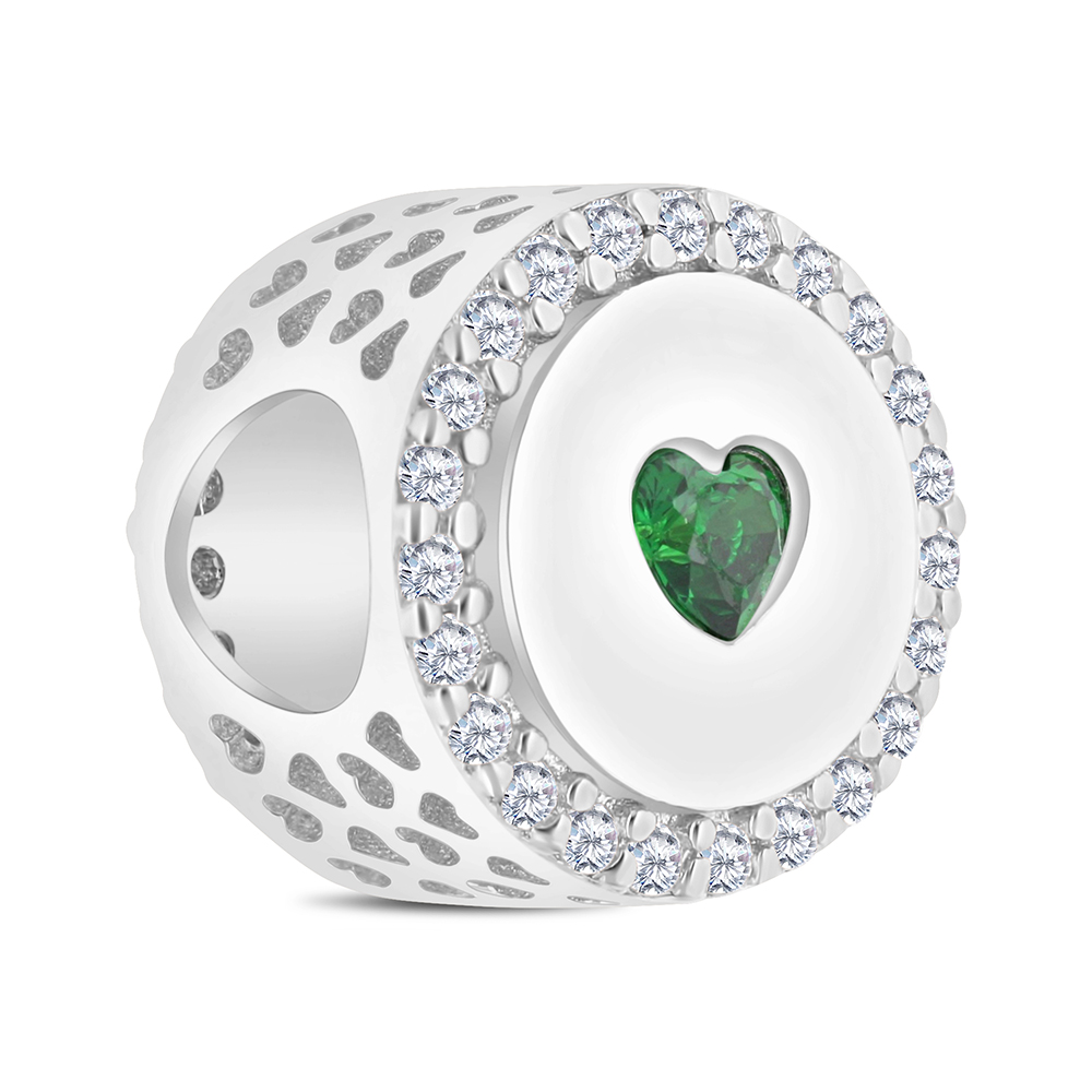 Sterling Silver 925 CHARM Rhodium Plated Embedded With Emerald And White CZ