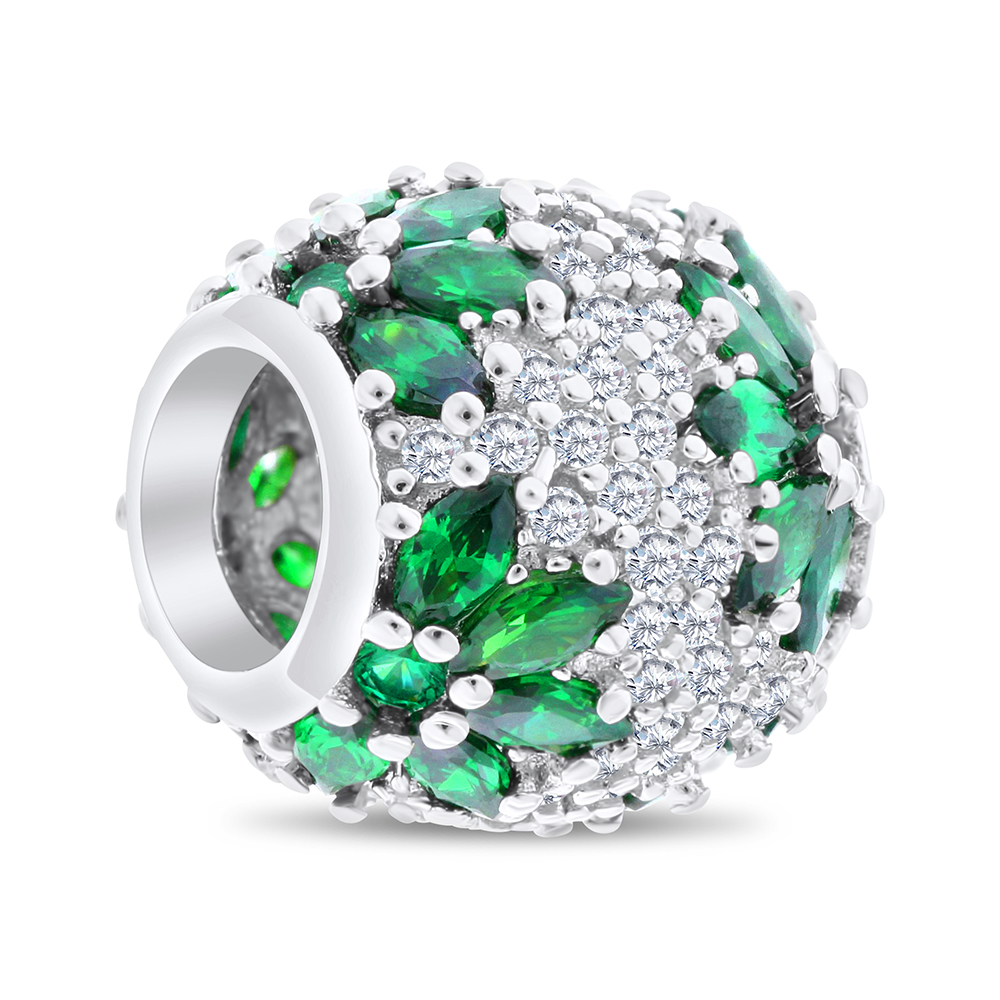 Sterling Silver 925 CHARM Rhodium Plated Embedded With Emerald Zircon And White CZ