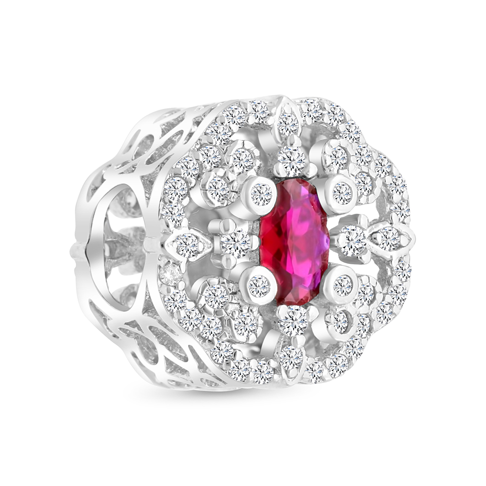 Sterling Silver 925 CHARM Rhodium Plated Embedded With Ruby Corundum And White CZ