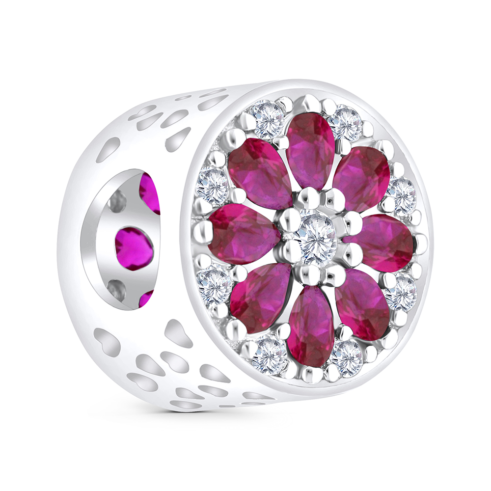 Sterling Silver 925 CHARM Rhodium Plated Embedded With Ruby Corundum And White CZ