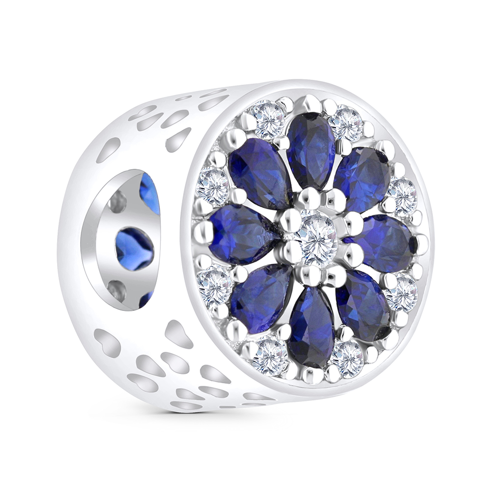 Sterling Silver 925 CHARM Rhodium Plated Embedded With Sapphire Corundum And White CZ