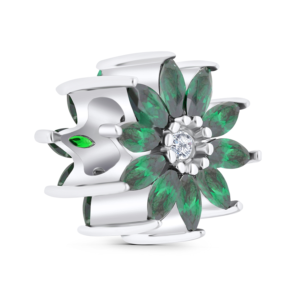 Sterling Silver 925 CHARM Rhodium Plated Embedded With Emerald And White CZ