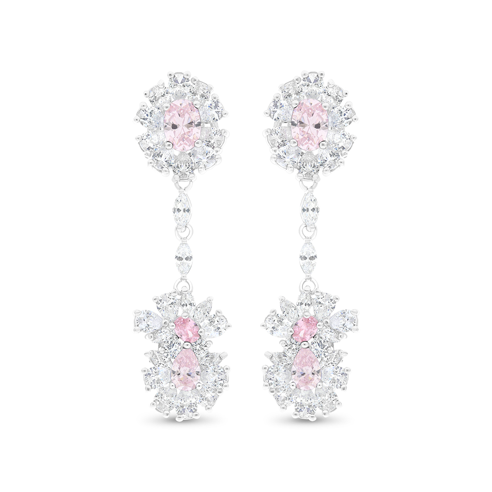 Sterling Silver 925 Earring Rhodium Plated Embedded With Pink Zircon And White CZ