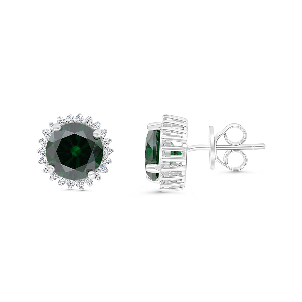 Sterling Silver 925 Earring Rhodium Plated Embedded With Emerald And White CZ