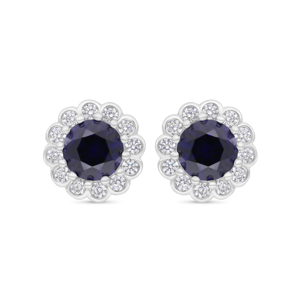 Sterling Silver 925 Earring Rhodium Plated Embedded With Sapphire Corundum And White CZ