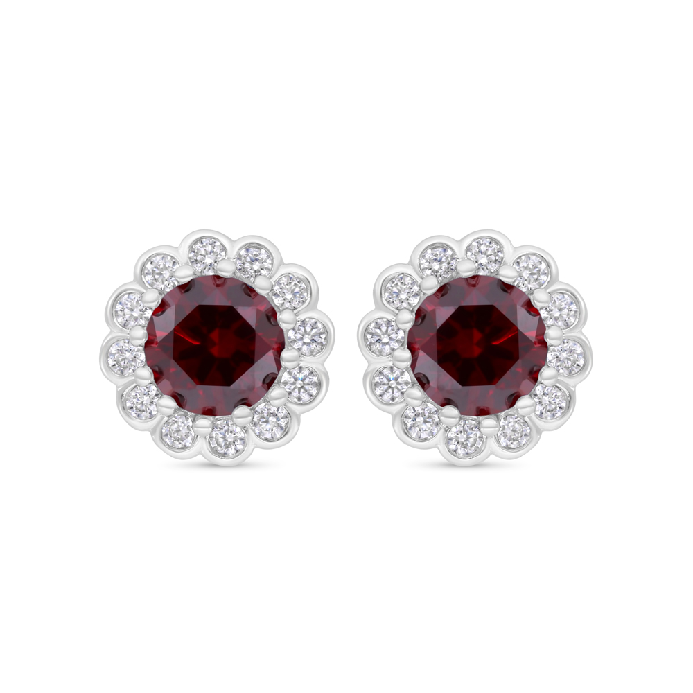 Sterling Silver 925 Earring Rhodium Plated Embedded With Ruby Corundum And White CZ