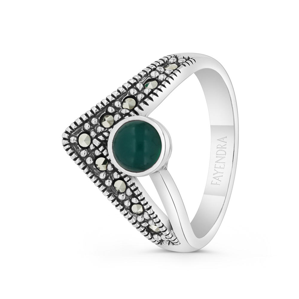Sterling Silver 925 Ring Embedded With Natural Green Agate And Marcasite Stones