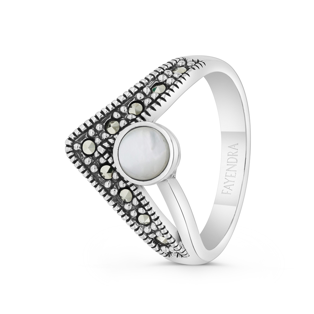 Sterling Silver 925 Ring Embedded With Natural White Shell And Marcasite Stones