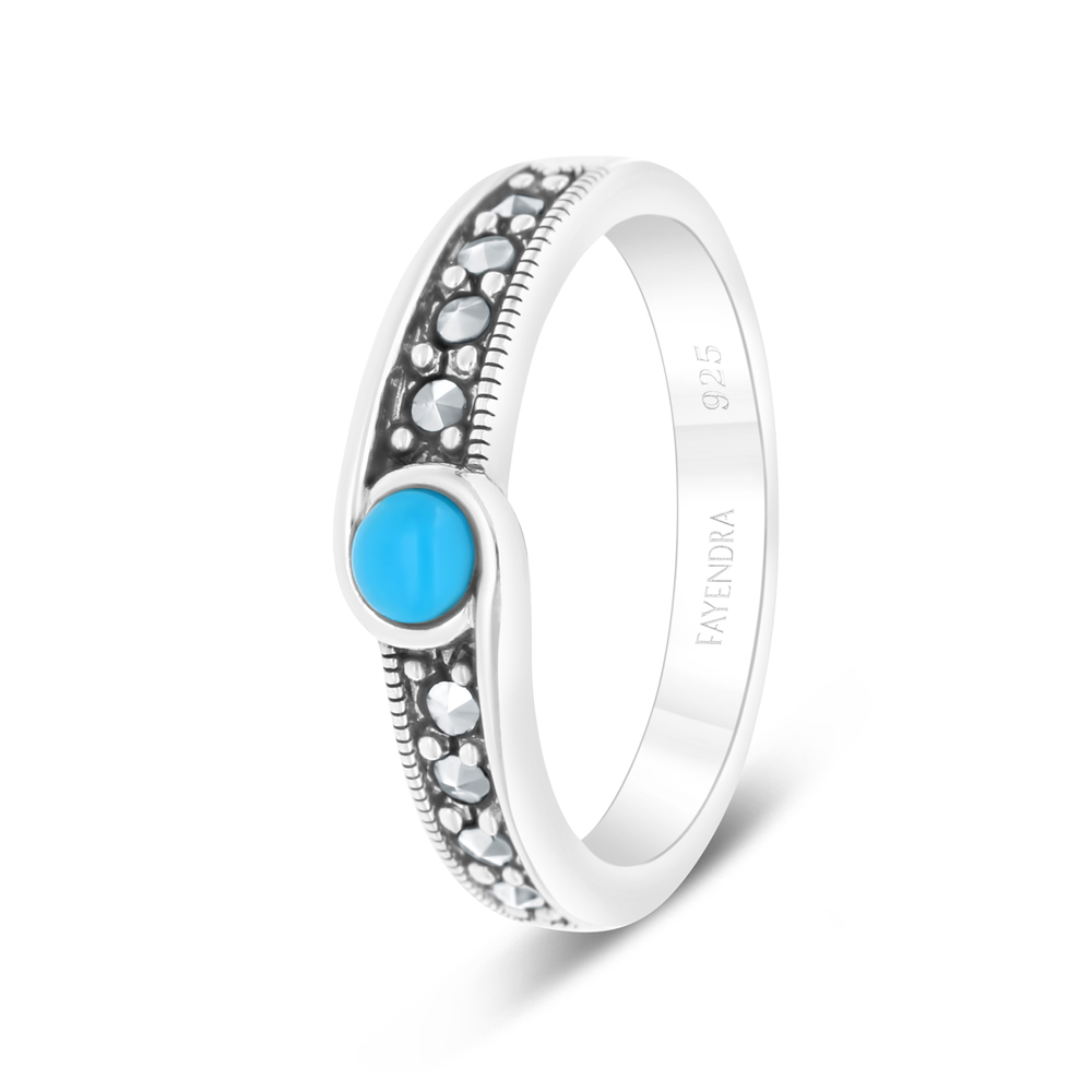 Sterling Silver 925 Ring Embedded With Natural Processed Turquoise And Marcasite Stones