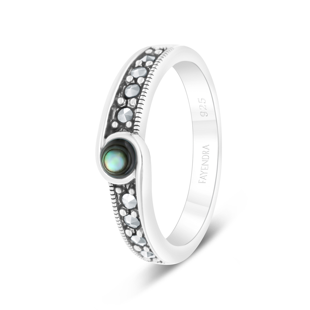 Sterling Silver 925 Ring Embedded With Natural Blue Shell And Marcasite Stones