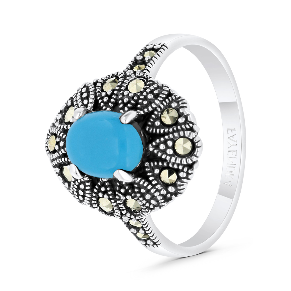 Sterling Silver 925 Ring Embedded With Natural Processed Turquoise And Marcasite Stones
