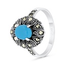 Sterling Silver 925 Ring Embedded With Natural Processed Turquoise And Marcasite Stones