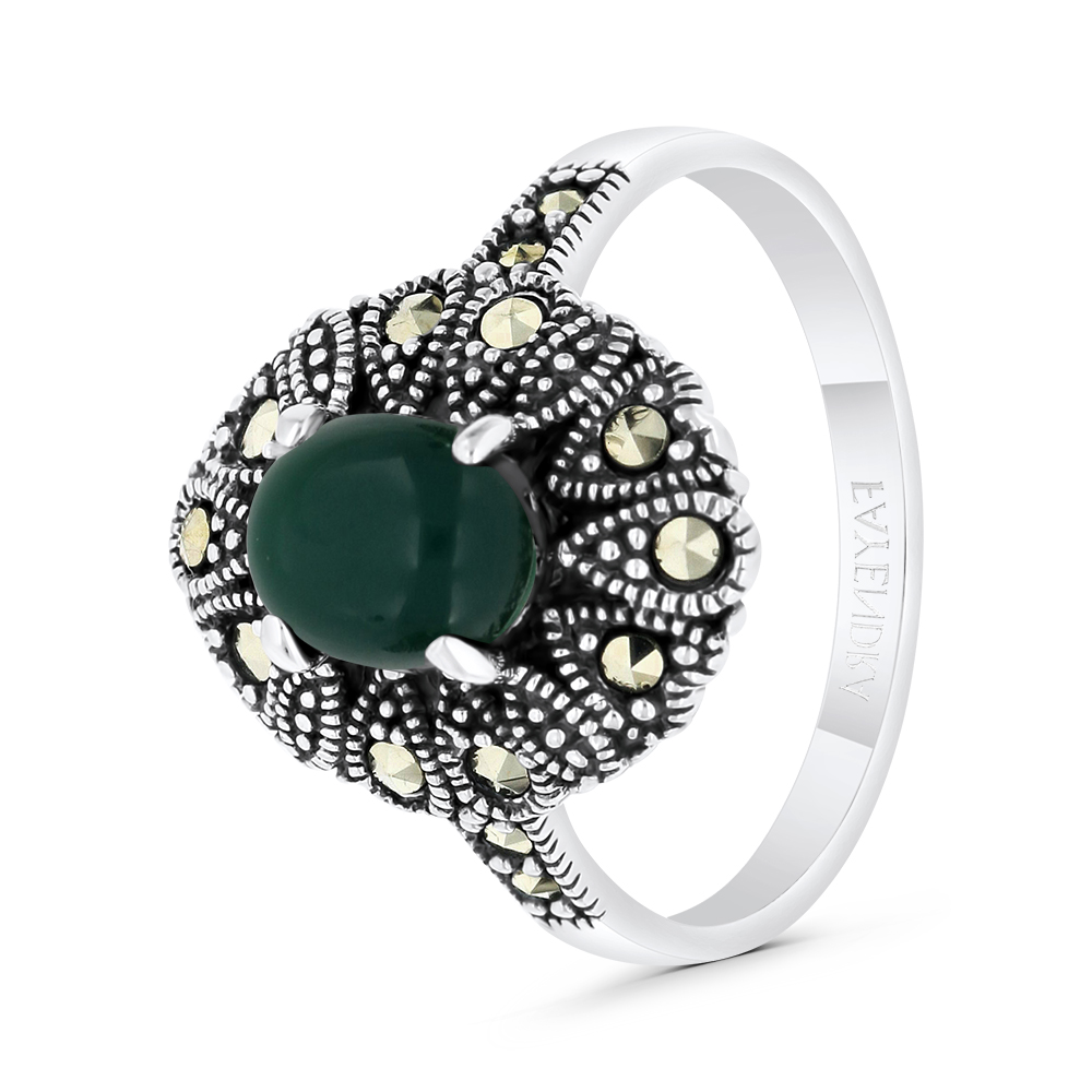 Sterling Silver 925 Ring Embedded With Natural Green Agate And Marcasite Stones