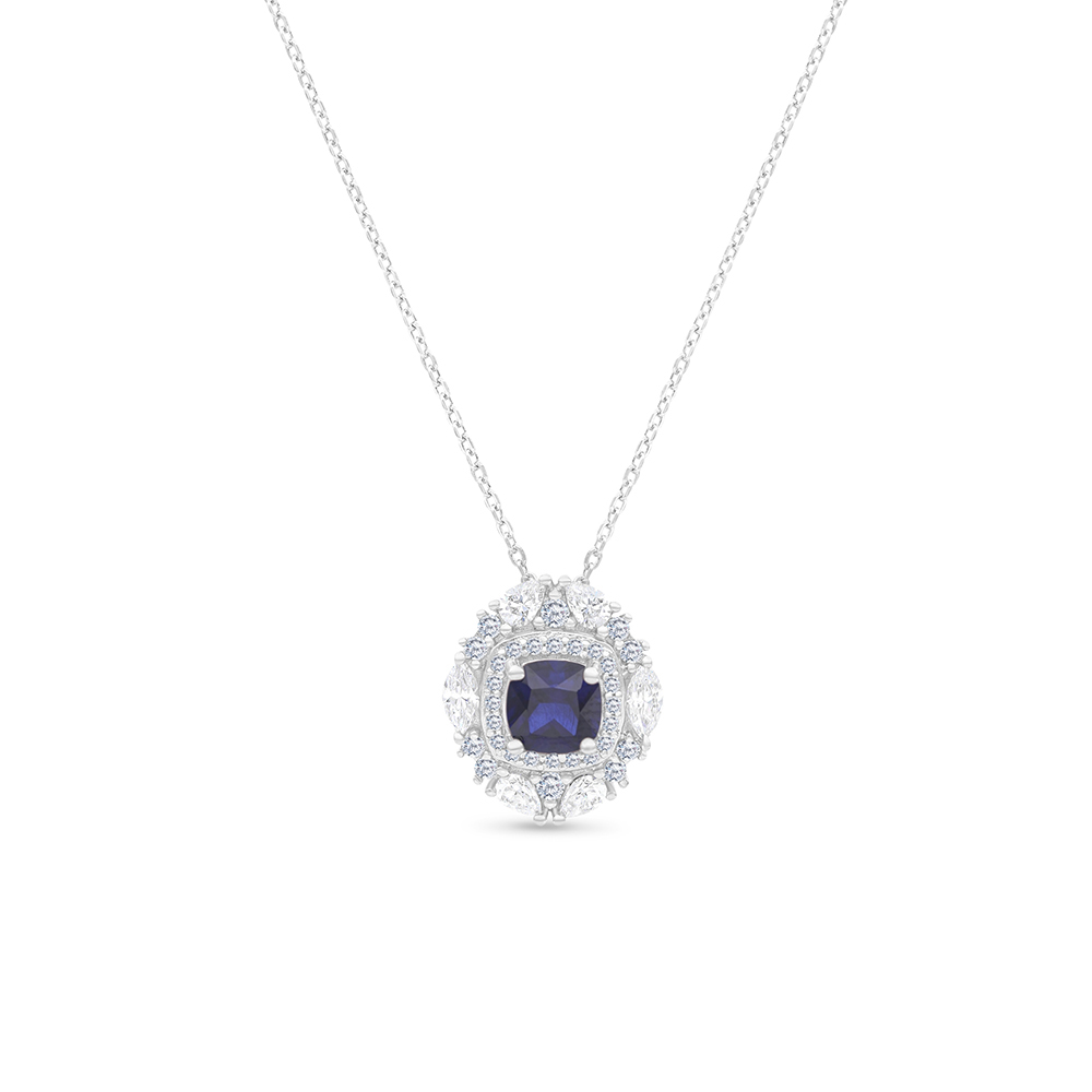 Sterling Silver 925 Necklace Rhodium Plated Embedded With Sapphire Corundum And White CZ